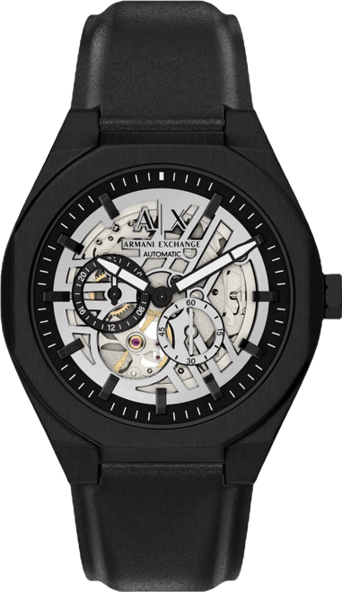 Armani Exchange Men's Sync Automatic Black Leather Watch, 44mm