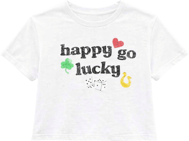 Juniors' Short-Sleeve Cropped Happy Go Lucky Graphic T-Shirt