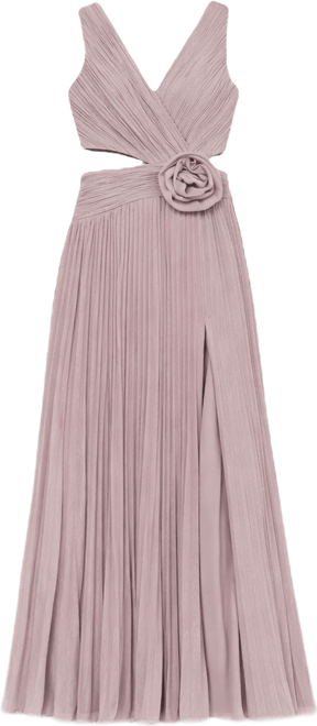 Women's Pleated V-Neck Cutout Gown with Rosette Slit Dress