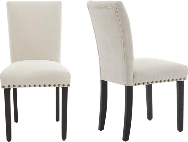 Set of 2 Upholstered Parsons Dining Chairs, Nailhead Trim Fabric Kitchen Chairs with Solid Wood Legs