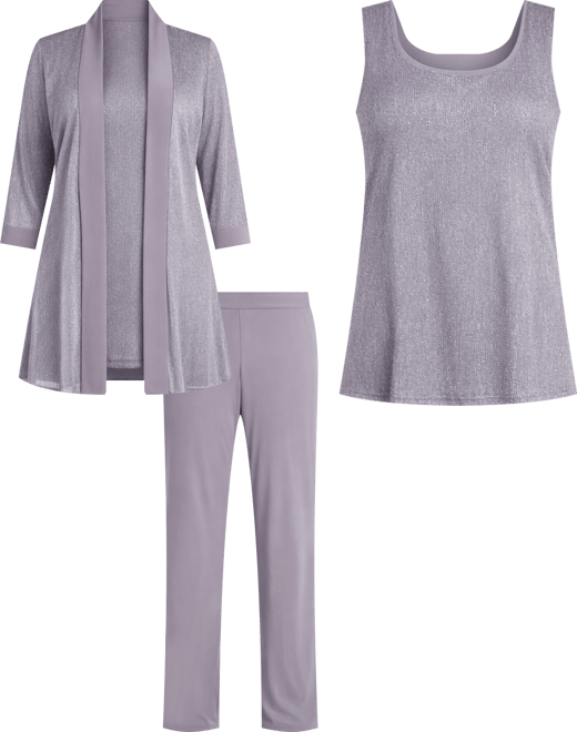 Plus Size 3-Pc. Metallic Jacket, Metallic Necklace Top & Pants Set