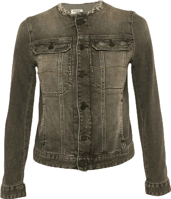 Women's Grey Distressed Denim Embroidered Kiok Gris Brode Jacket