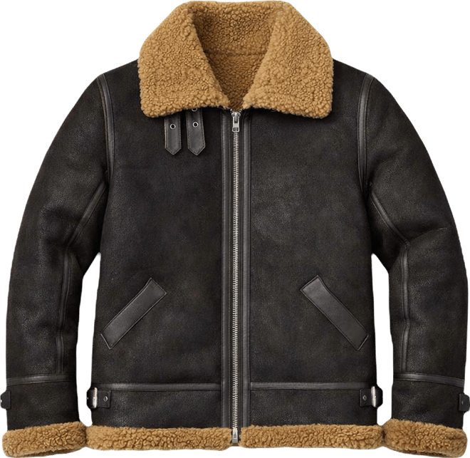 Men's Shearling Aviator Jacket, Washed Brown with Ginger Curly Wool