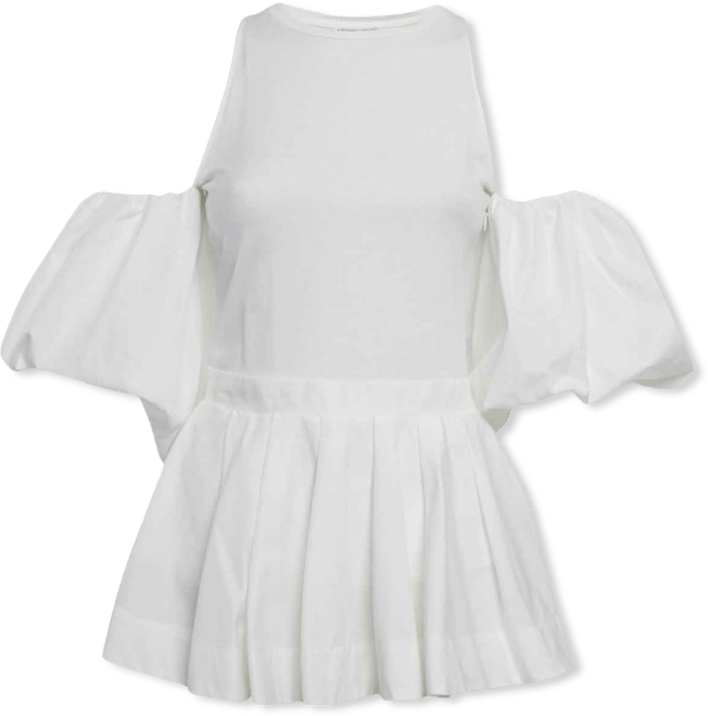 Women's White Cotton Balloon Sleeve Open Shoulder Top