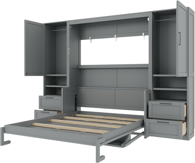 Queen Size Murphy Bed Wall Bed with Closet ,Drawers and Shelves