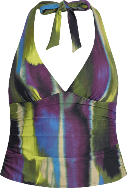 Women's Halter V-Neck Shirred Tankini Top