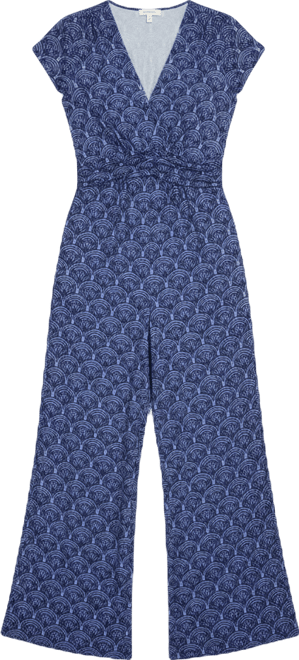 Women's V-Neck Printed Shirred Front Jumpsuit