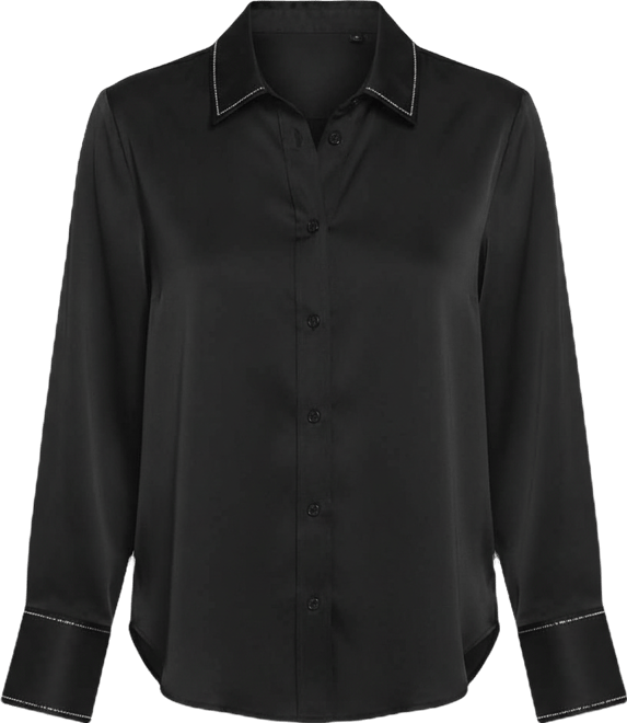Women's Sparkle Trim Satin Shirt Button Down Top