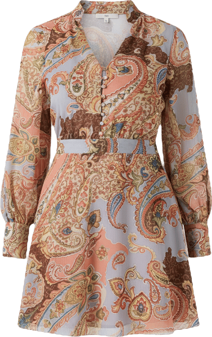 Women's Long-Sleeve Paisley V-Neck Short Dress