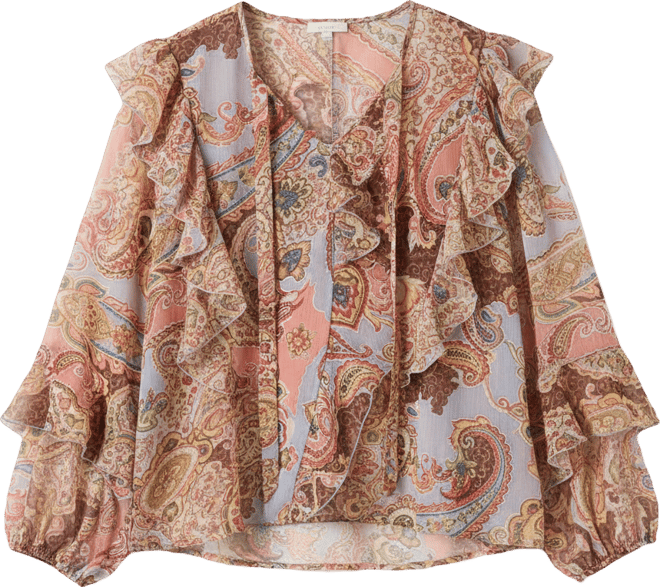 Women's Paisley Ruffle Long-Sleeve V-Neck Top
