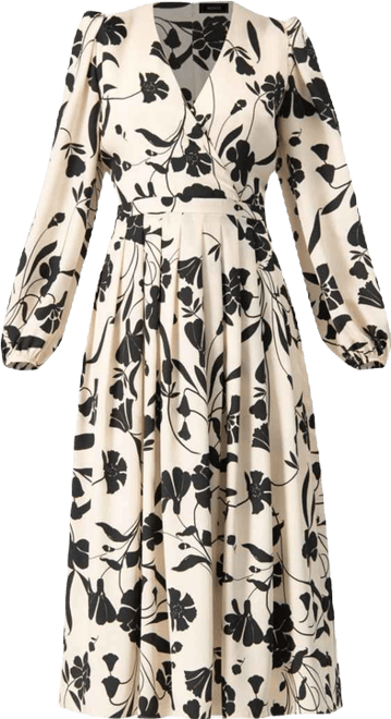 Women's V-Neck Midi Dress with Long Sleeves