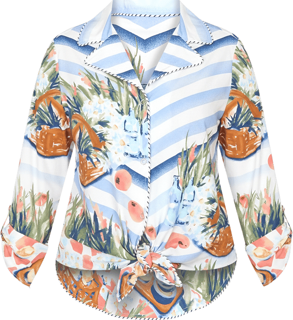 Plus Size Picnic Print Poplin Tied Snap Front Top