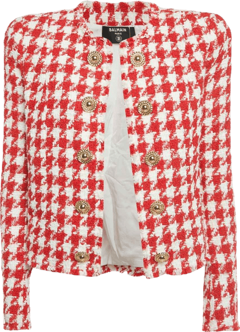 Women's Red /white Houndstooth Tweed Open Front Jacket