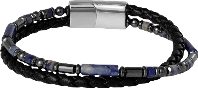 Men s Braided Leather & Sodalite Bead 8.5'' Bracelet, Black/Blue, Magnetic Clasp