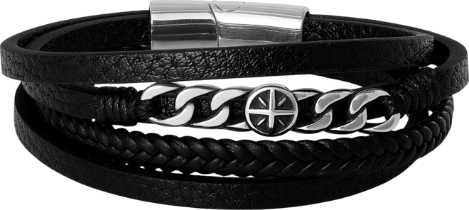 Men s Multi Row Leather & Chain 8.25'' Bracelet with Compass Emblem