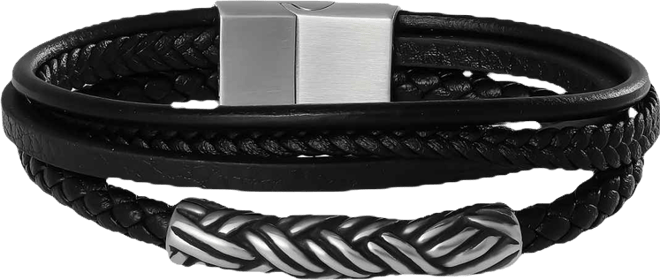 Men s Multi Row 8'' Leather Bracelet with Braided Barrel, Black