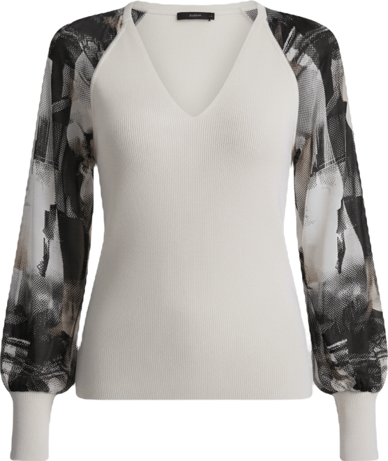 Women's Printed Organza-Sleeve V-Neck Shirt