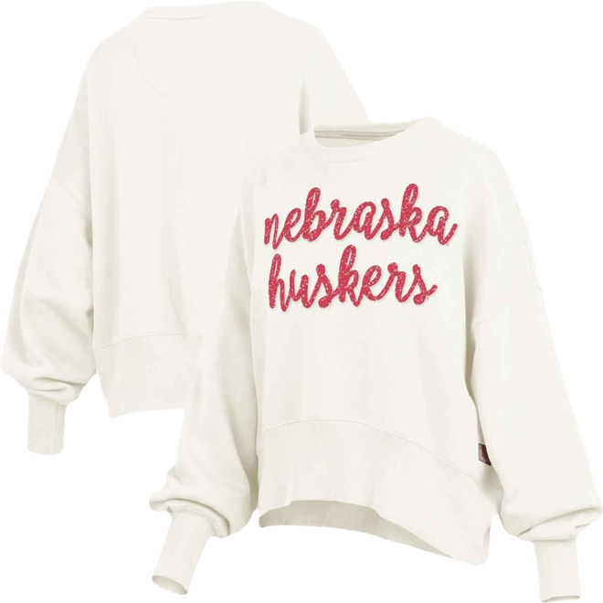 Women's Cream Nebraska Huskers Oversized Chelsea Waist Length Pullover Sweatshirt