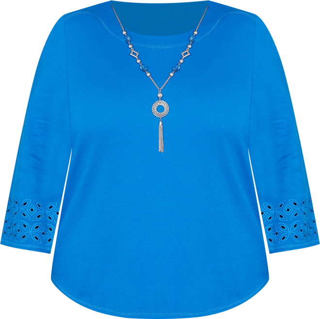 Plus Size Mykonos Eyelet Sleeve Solid Top with Necklace