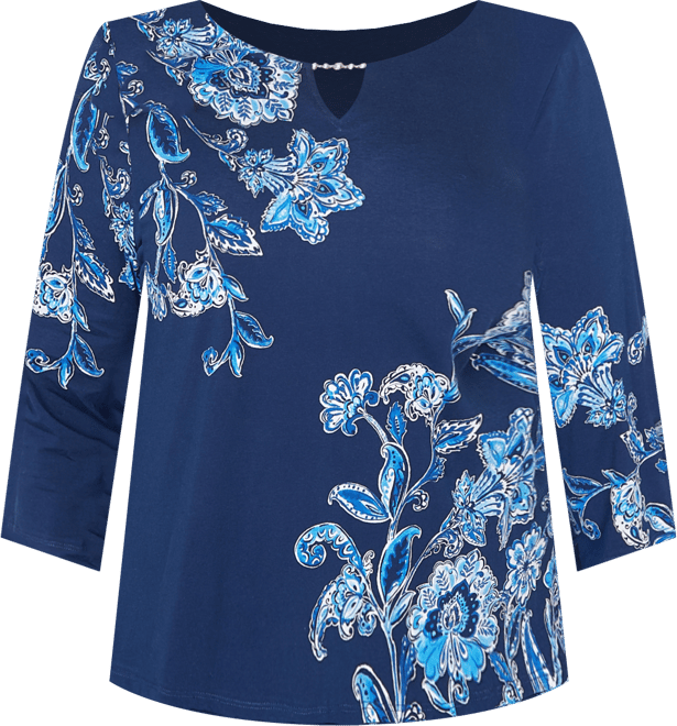 Plus Size Mykonos Asymmetrical Floral Split Beaded Neck Top