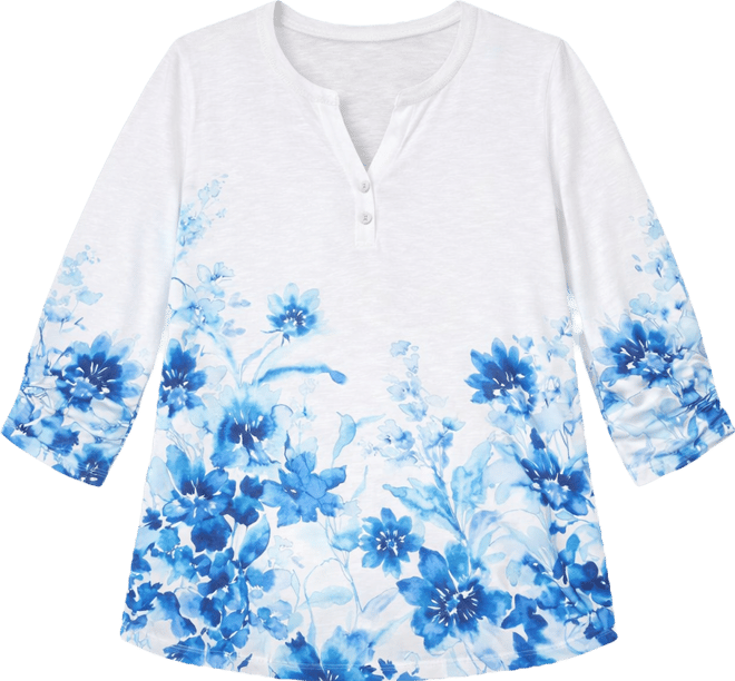 Plus Size Mykonos Watercolor Floral Border Henley Top
