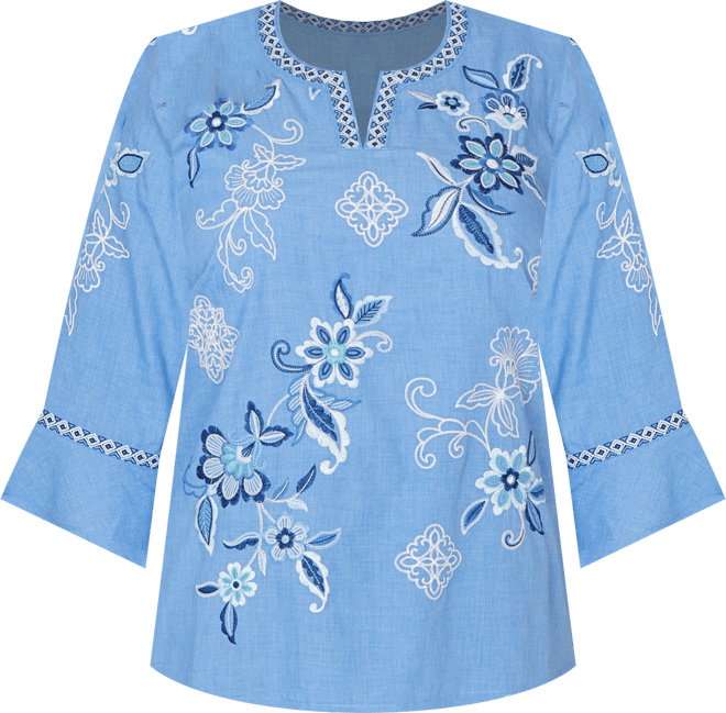 Plus Size Mykonos Floral Textured Embroidered Split Neck Top