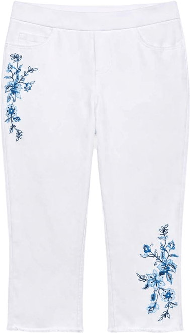 Plus Size Mykonos Floral Embroidered Fringe Super Stretch Denim Capri Pants