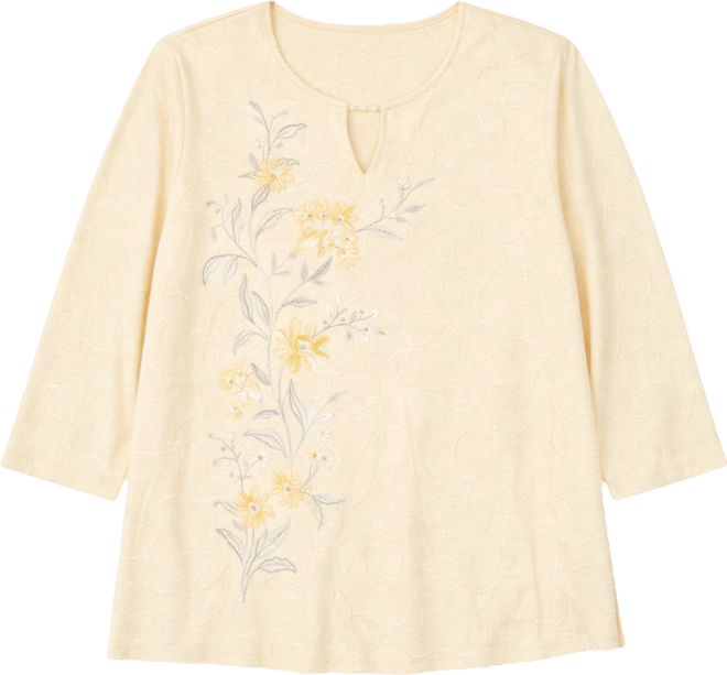 Plus Size Al Fresco Asymmetrical Floral Embroidered Textured Top