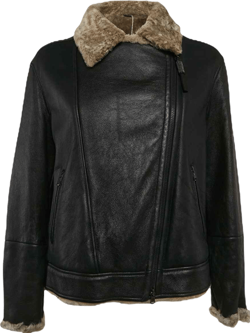 Women's Black Leather Shearling Trimmed Zip-Up Jacket