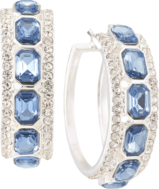 Small Pave & Emerald-Cut Stone Hoop Earrings, 0.6"