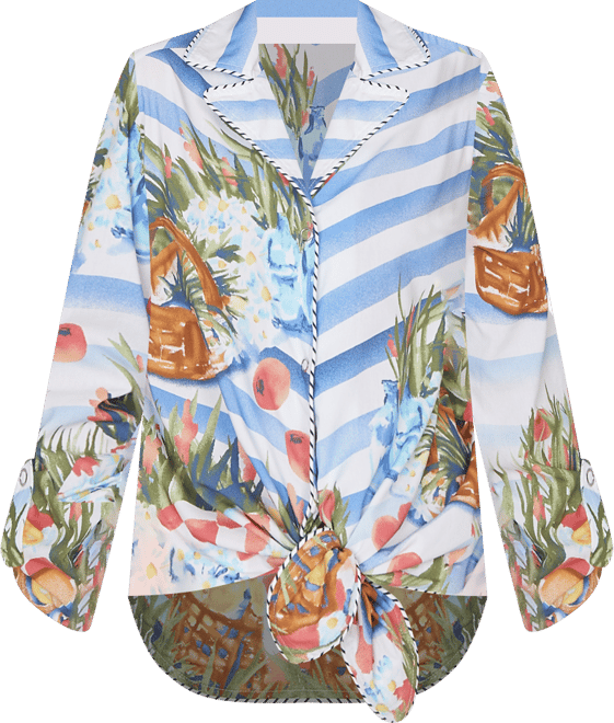 Petite Picnic Print Poplin Tied Snap Front Top