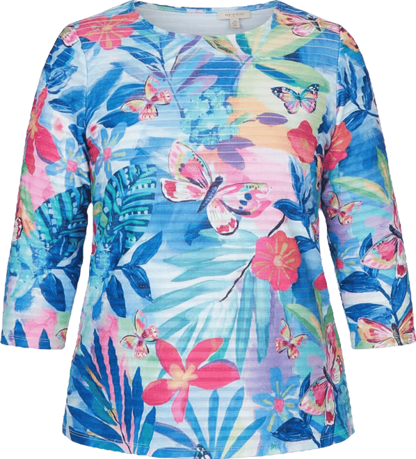 Petite The Royal Treatment Tropical Butterfly Ruffle Textured Top