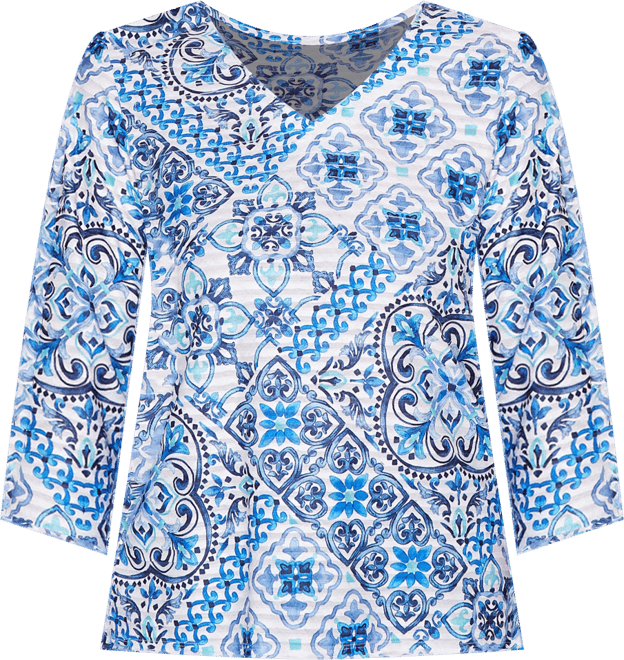 Petite Mykonos Aegean Tile V Neck Top