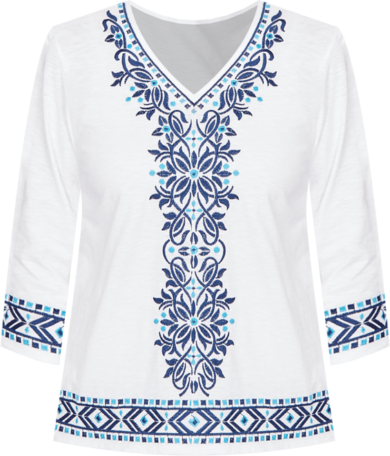 Petite Mykonos Scroll Embroidered V-Neck Top