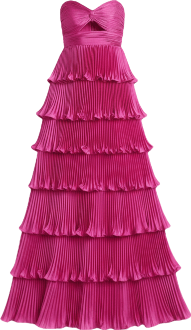 Women's Pleated Charmeuse Strapless Tiered Ruffle Gown