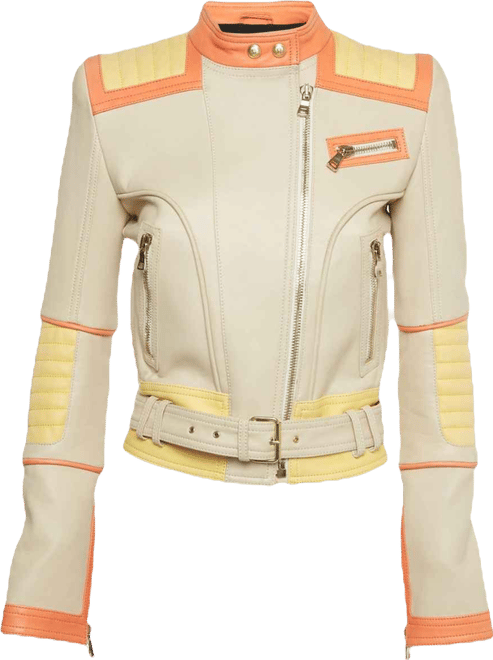 Women's Beige Leather Zip Up Biker Jacket
