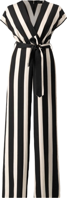 Women's Striped V-Neck Jumpsuit with Waist Tie