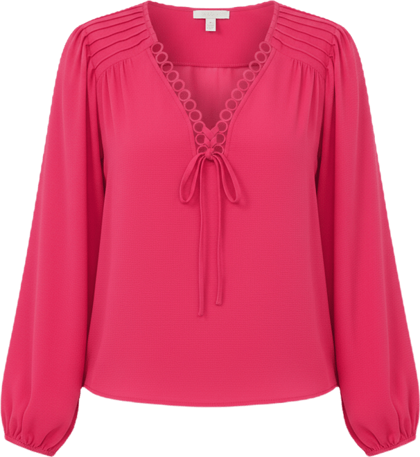 Women's Circular Trim Pin-Tuck Long Sleeve Blouse