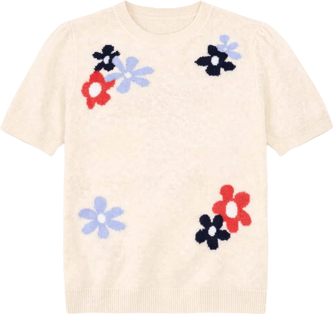 Women's Crewneck Flower Patterned Knit Short-Sleeve Sweater