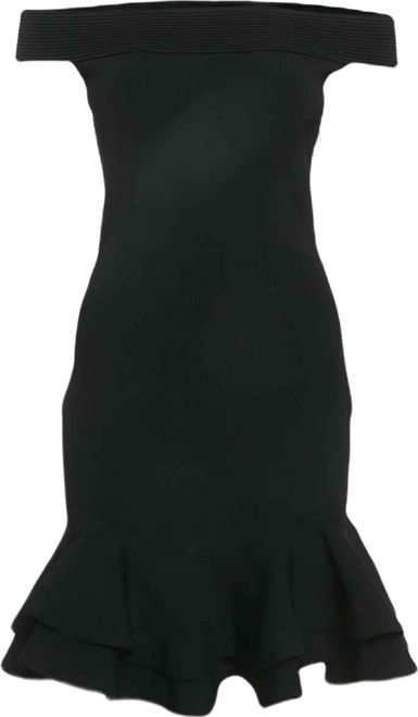 Women's Black Rib Knit Off Shoulder Ruffled Mini Dress