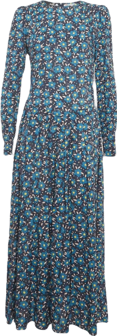 Women's Blue Floral Print Crepe Pleated Maxi Dress