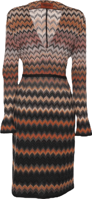 Women's Multicolor Zig Zag Print Rib Knit Long Sleeve V Neck Midi Dress