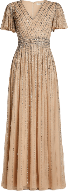 Women's Hand Embellished V-Neck Flutter Sleeve Gown