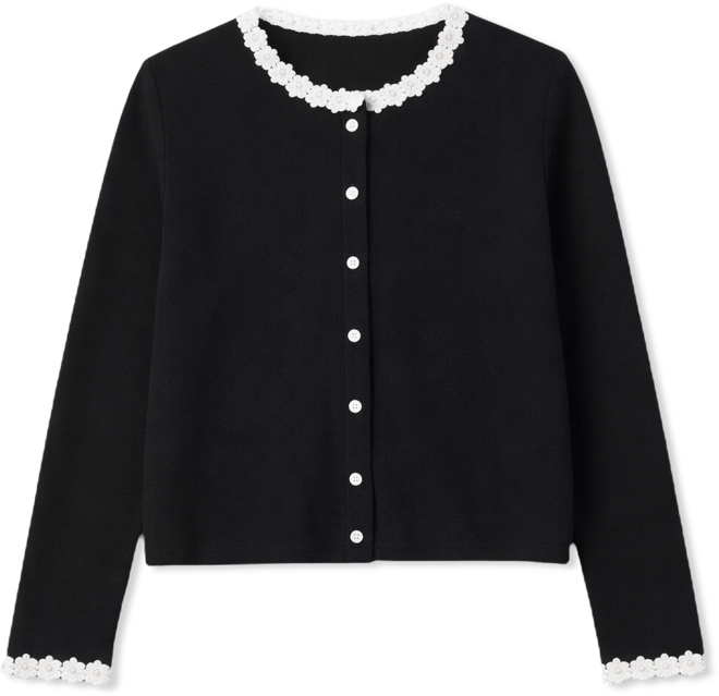 Women's Crochet Floral Trim Detail Crewneck Cardigan