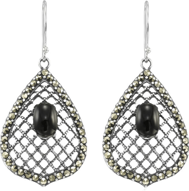 Marcasite (0.64 ct. t.w.) and Black Onyx (0.5 ct. t.w.) Drop Earrings in Sterling Silver