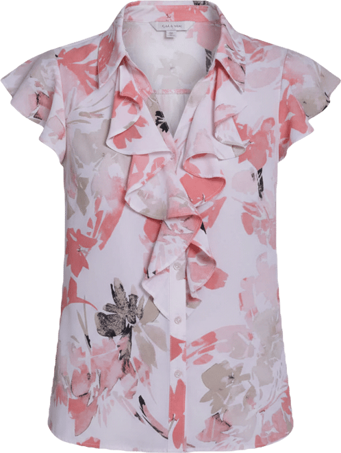 Women's Printed Cap-Sleeve Ruffle Front Top