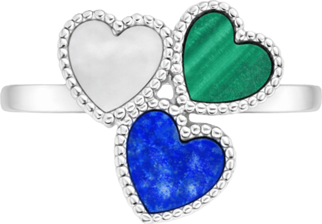 Malachite (0.8 ct. t.w.) Lapis & Imitation Pearl Tri-Hearts Ring Set in Rhodium Over Sterling Silver
