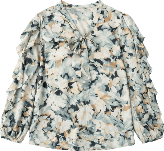 Plus Size Floral Ruffle-Sleeve Tie-Neck Blouse
