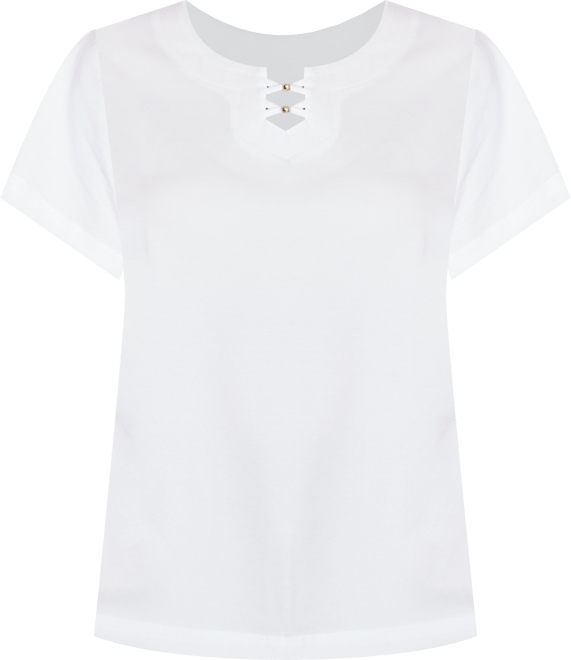 Plus Size Solid Short Sleeve Beaded Neck Top