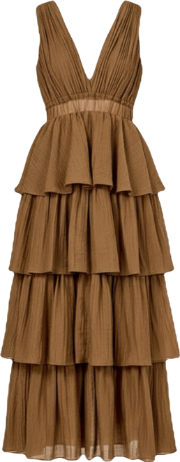 Women's Crinkled Deep V Tiered Maxi Dress